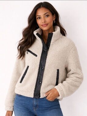 Blank NYC Cream Teddy Jacket with Black Accents